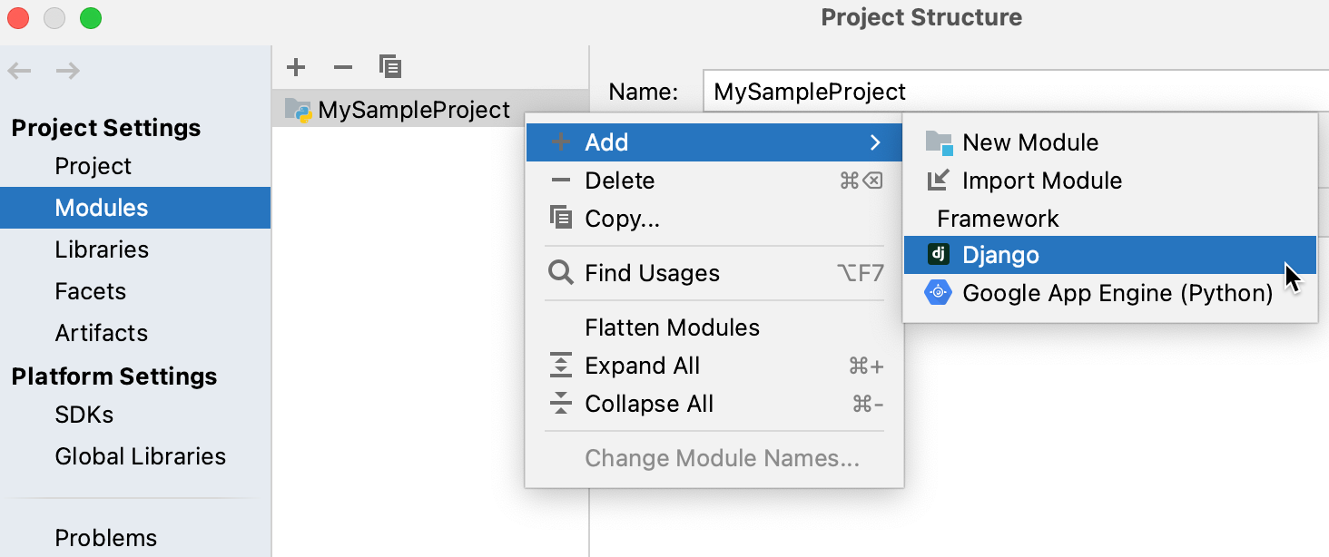 Adding Django support to a module in the Project Structure dialog